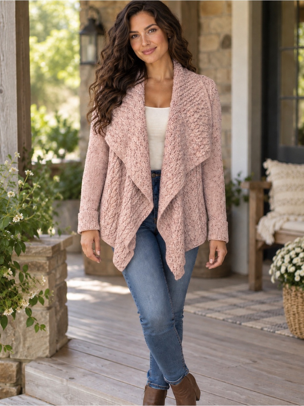 Knox Rose Blush Pink Lavender Cable Knit Waterfall Cardigan Sweater